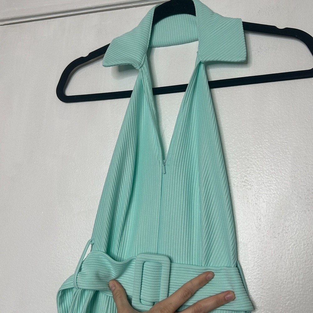 ASOS Ribbed Zip Front Collared Retro Flared Blue Jumpsuit with Belt US 0 - Picture 4 of 7